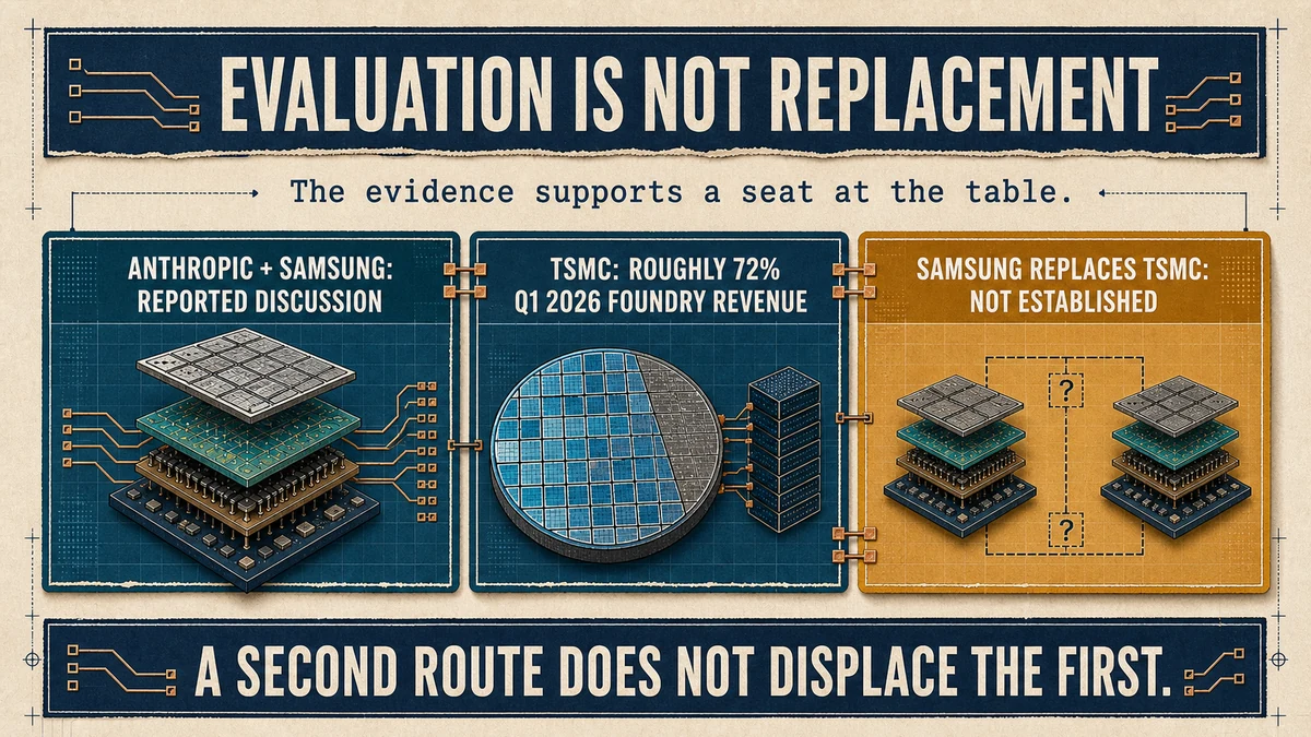Evidence matrix showing a reported Anthropic-Samsung discussion, TSMC at roughly 72 percent of Q1 2026 foundry revenue, and Samsung replacing TSMC marked not established.