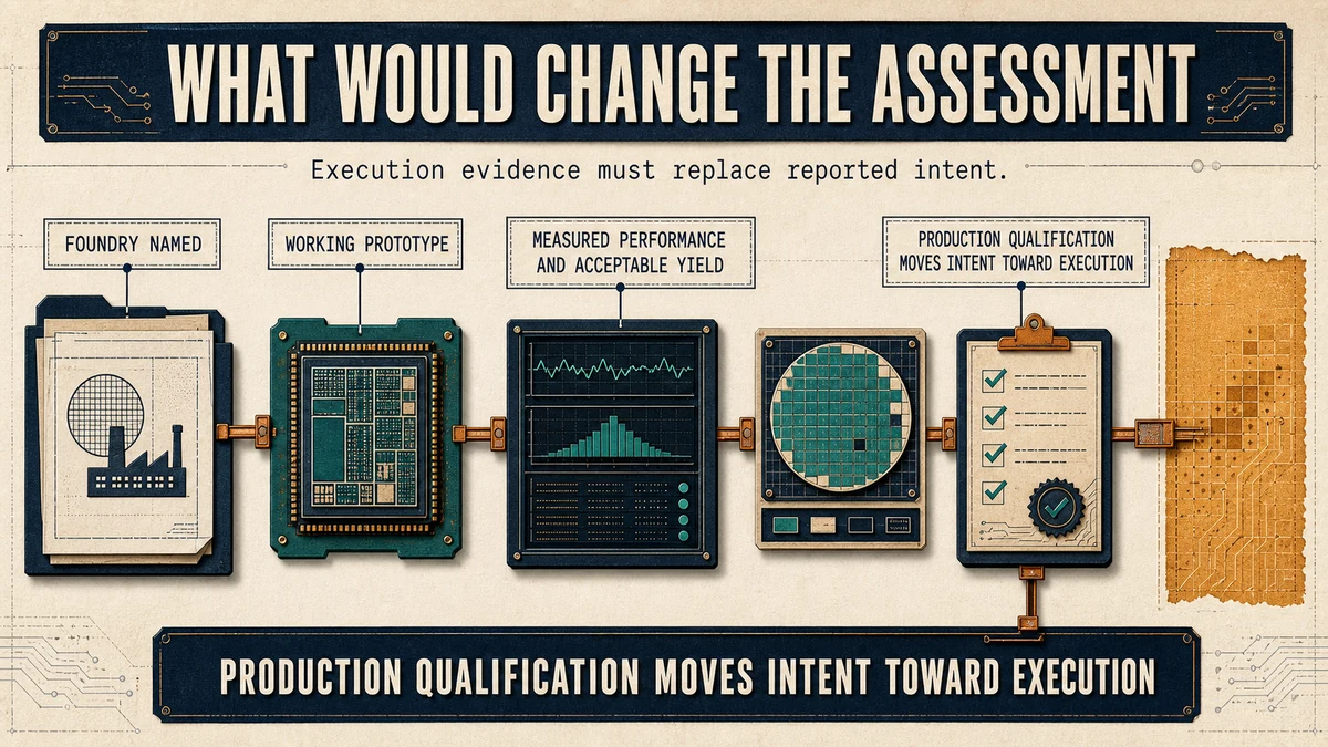 Left-to-right engineering sequence of five evidence gates: foundry named, working prototype, measured performance, acceptable yield, and production qualification.