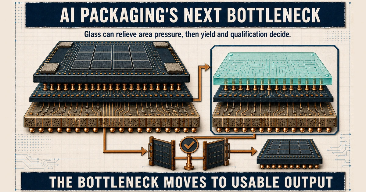 Technical package cutaway showing glass as an alternate carrier path and qualification as the gate to usable output.