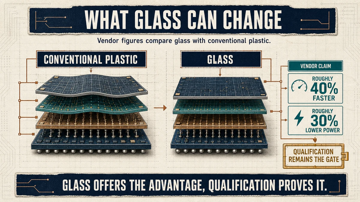Left-right technical comparison of conventional plastic and glass substrates, with vendor-claim performance labels and a qualification gate.