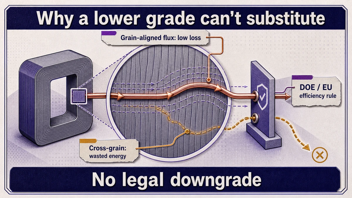 Close-up of grain-oriented steel: flux routed along the grain in copper as low loss versus a cross-grain path in amber as wasted energy, behind an efficiency-rule boundary gate.