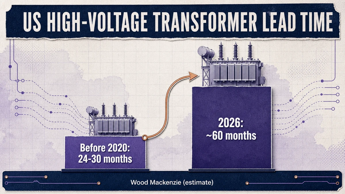 Bar chart comparing US high-voltage transformer lead time: about 24-30 months before 2020 versus about 60 months in 2026.