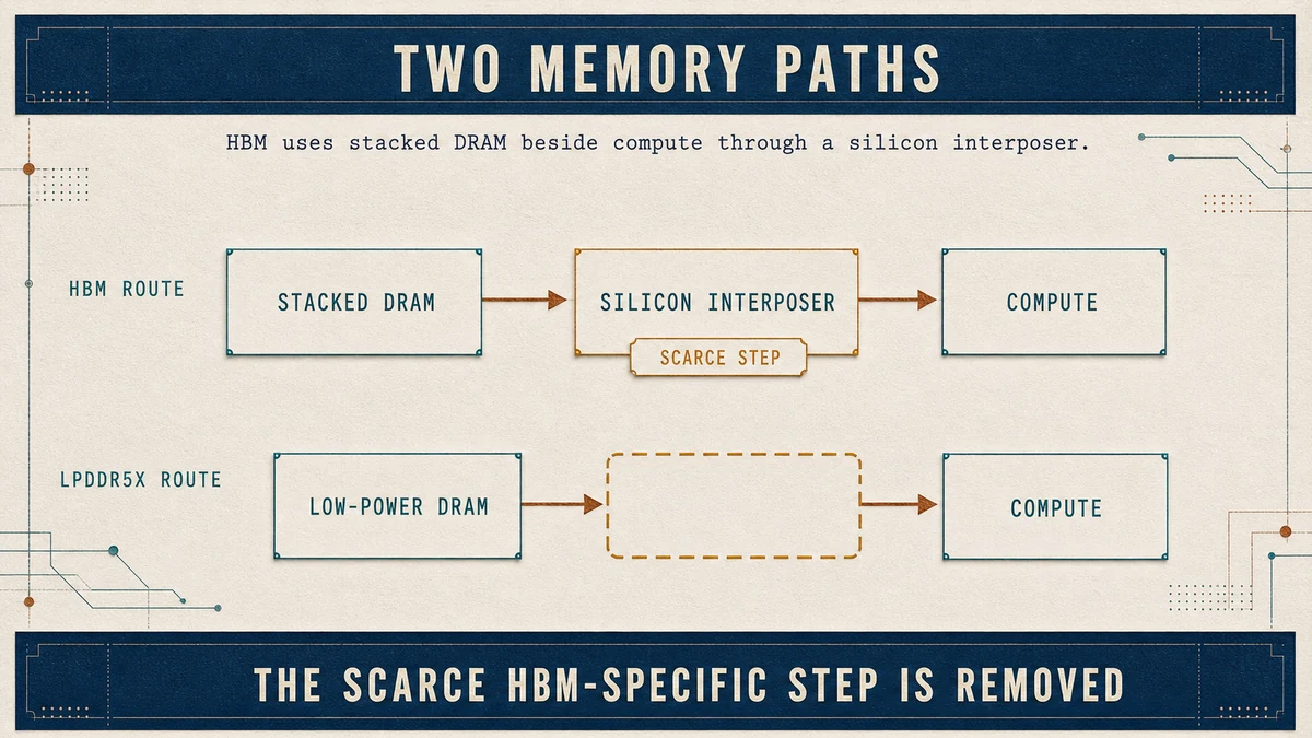 Step diagram contrasting two memory routes: the HBM route passes through a silicon interposer marked as the scarce step, while the LPDDR5X route reaches compute with that step removed.