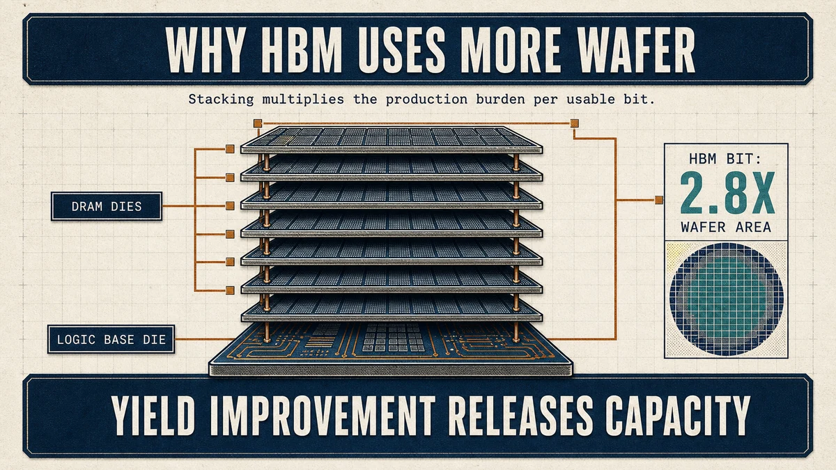 Exploded HBM stack showing DRAM dies above a logic base die and the larger wafer-area burden per bit.