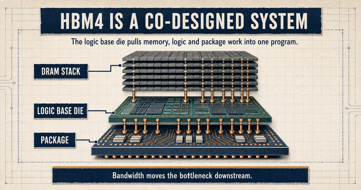Exploded technical diagram of an HBM4 DRAM stack, logic base die, and package, showing bandwidth pressure moving into package-level execution.
