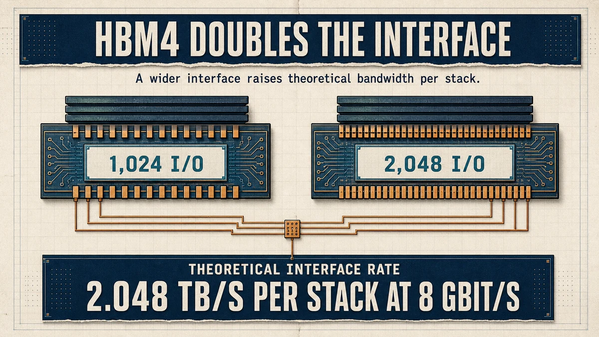 Split technical comparison showing 1,024 HBM3E I/O connections and 2,048 HBM4 I/O connections, with a theoretical 2.048 TB/s per-stack rate at 8 Gbit/s.