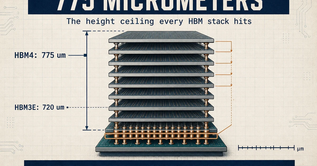 Engineering diagram of a thin DRAM die stack inside a 775 micrometer total-height bracket, with the prior 720 micrometer line below and a copper-to-copper joint at the base.