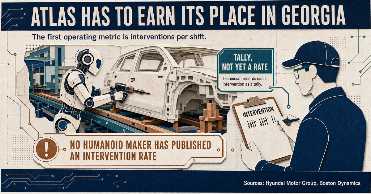 Paper-cut editorial scene of an Atlas humanoid on a Georgia automotive line while a technician records a human intervention.