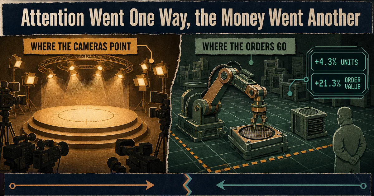 A split scene: on the left an empty humanoid stage under camera flashes, on the right a single robot arm working over a wafer cassette on a fab floor with the order figures on a telemetry panel.