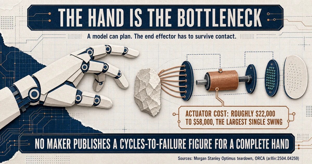 Cutaway humanoid hand showing actuators, tendons and tactile sensing as the deployment bottleneck.