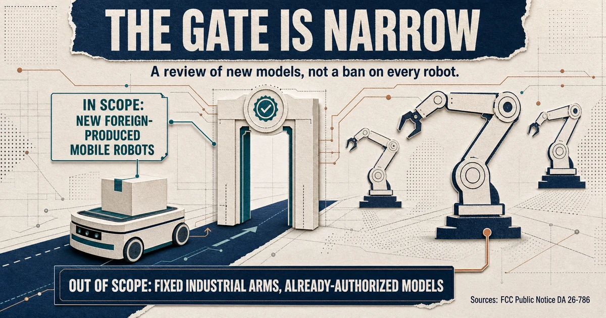 Mobile robot approaching a narrow equipment-authorization gate while fixed industrial arms remain outside the scope.