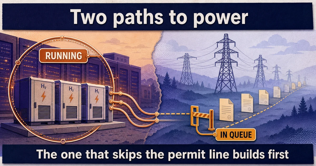 A dusk scene split by light: a warm zone where fuel-cell cabinets beside a data center are already running in copper light, and a cool zone where document-shaped panels queue motionless under transmission towers at an amber gate.