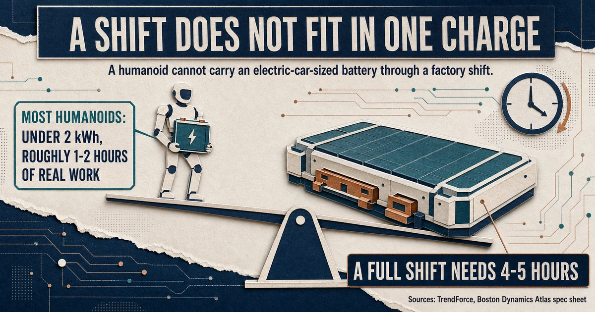 Humanoid robot balanced around a compact battery while a larger pack tips the scale and a shift clock runs.