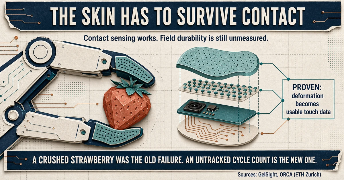 Layered tactile fingertip showing compliant skin, taxels, camera sensing and actuators while gripping a rough object.