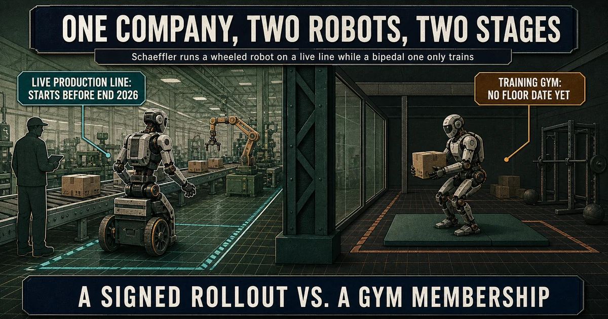 Split factory scene: on one side a wheeled humanoid rolls into a lit, active production line with a worker silhouette and a marked safety boundary; on the other, behind glass, a bipedal humanoid practices lifting a box on a training mat.