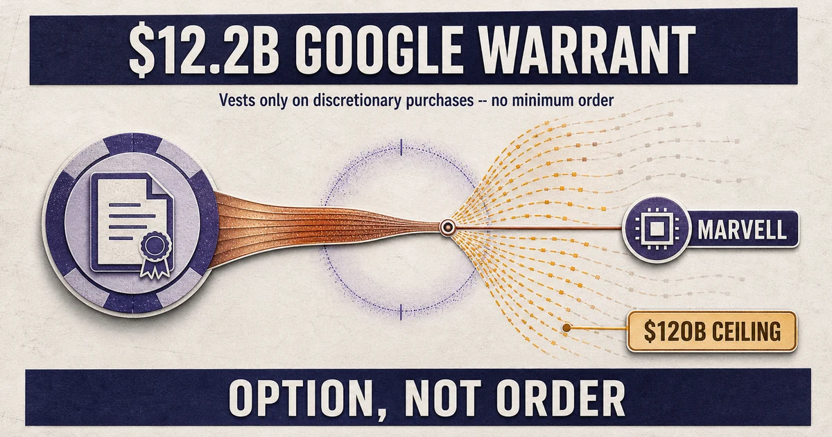 A warrant origin node sends a copper value-flow toward a node marked MARVELL; at a branch point a thin settled strand continues while most of the flow fans into amber dashed routes that fray into blank paper, under a headline reading $12.2B GOOGLE WARRANT and a band reading OPTION, NOT ORDER.