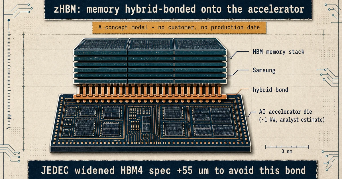 Exploded stack diagram: an HBM memory stack hybrid-bonded directly onto an AI accelerator die labeled as an analyst-estimated one-kilowatt heat source, marked as a Samsung zHBM concept model with no customer or production date, above a band noting JEDEC widened the HBM4 height spec by 55 micrometers to avoid this bond.