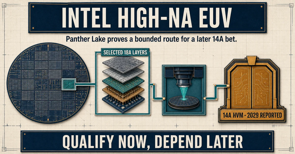 Engineering diagram showing selected Intel 18A High-NA qualification as a bounded path toward reported 14A high-volume manufacturing in 2029.