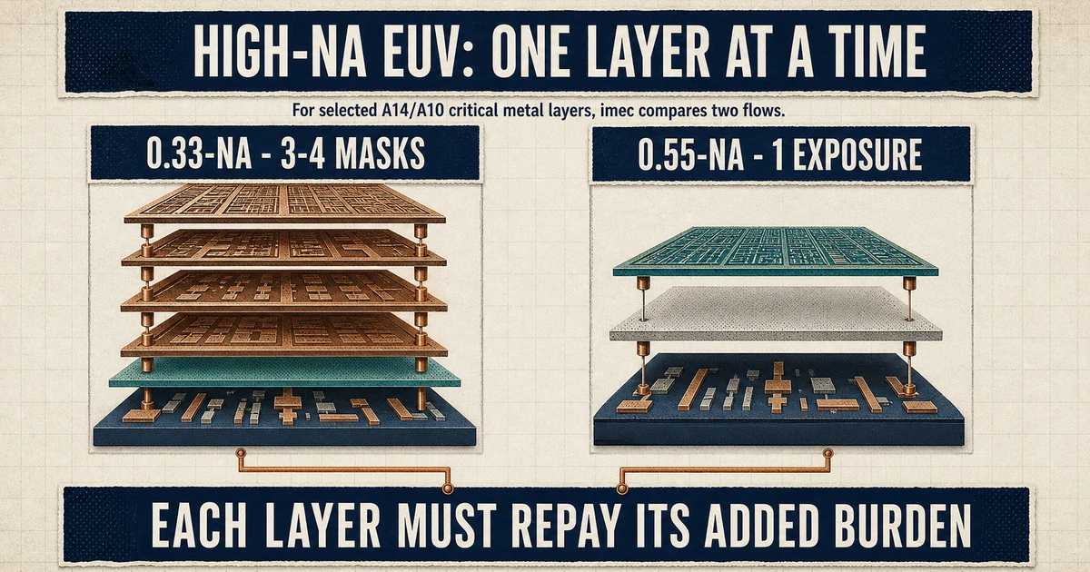 Technical left-right comparison showing a 0.33-NA flow with three to four masks and a 0.55-NA flow with one exposure for selected critical metal layers.