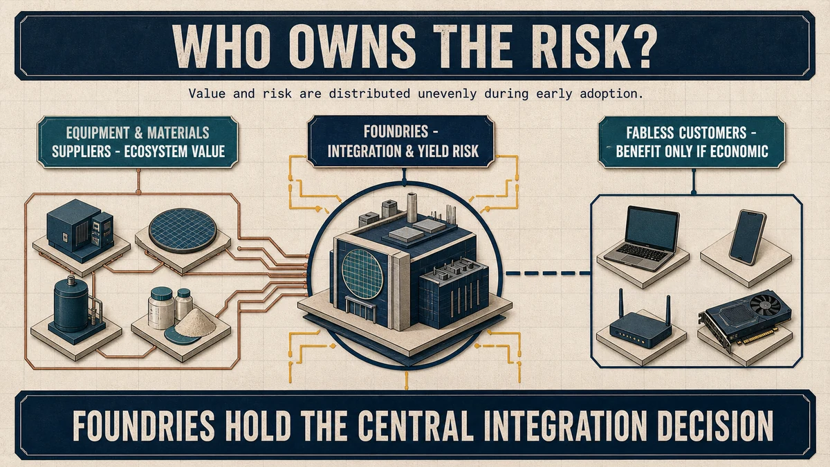 Radial map showing foundries at the center of High-NA integration risk, suppliers receiving ecosystem value, and fabless customers receiving conditional benefit.