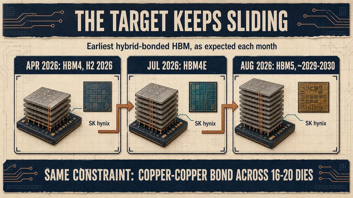 Three-stage timeline showing the earliest hybrid-bonding HBM target retreating from HBM4 in H2 2026 to HBM4E to HBM5 around 2029-2030 across April, July and August 2026.
