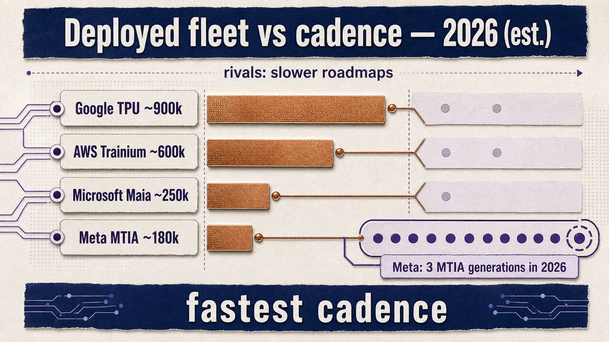 Two-axis matrix of four hyperscalers: fleet-size bars (Google ~900k to Meta ~180k) and a cadence column marking Meta fastest.