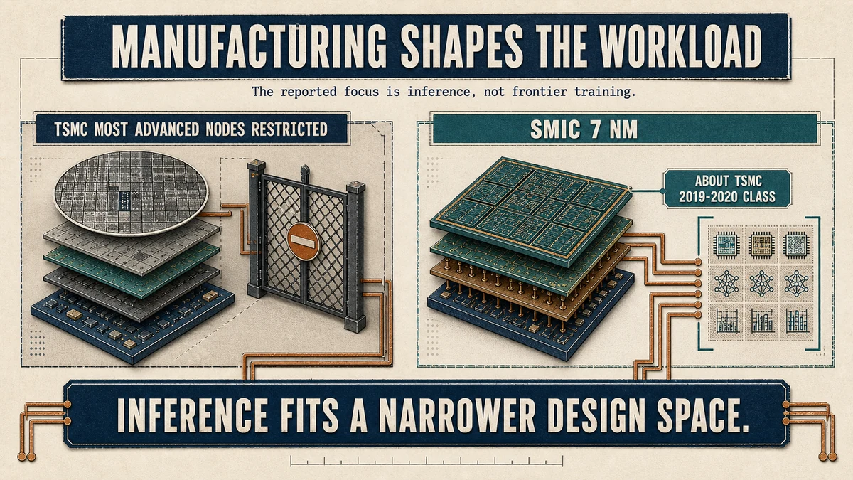 Split engineering comparison showing restricted access to TSMC advanced nodes alongside SMIC 7 nm technology described as about TSMC's 2019-2020 class.