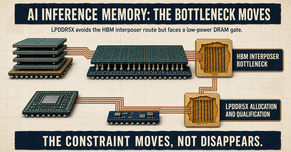 Engineering diagram showing an HBM interposer bottleneck above an LPDDR5X route that reaches a new low-power DRAM allocation and qualification gate.
