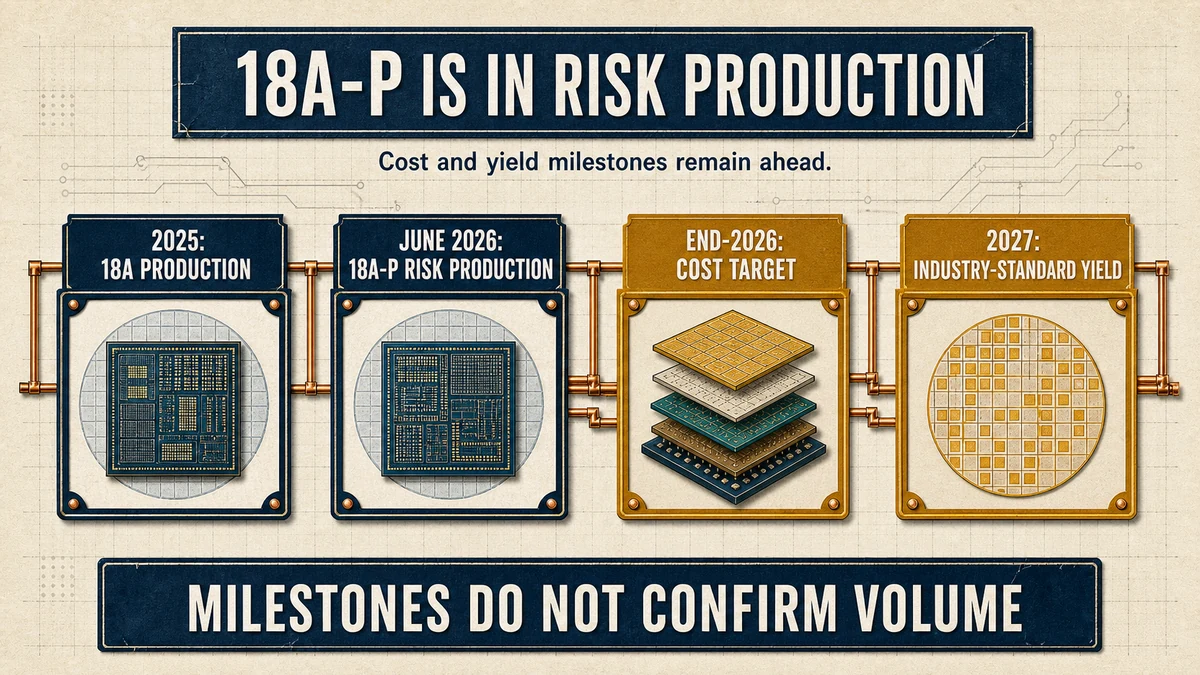 A technical timeline showing 18A production in 2025, 18A-P risk production in June 2026, a reported cost target by end-2026, and industry-standard yield expectations in 2027.