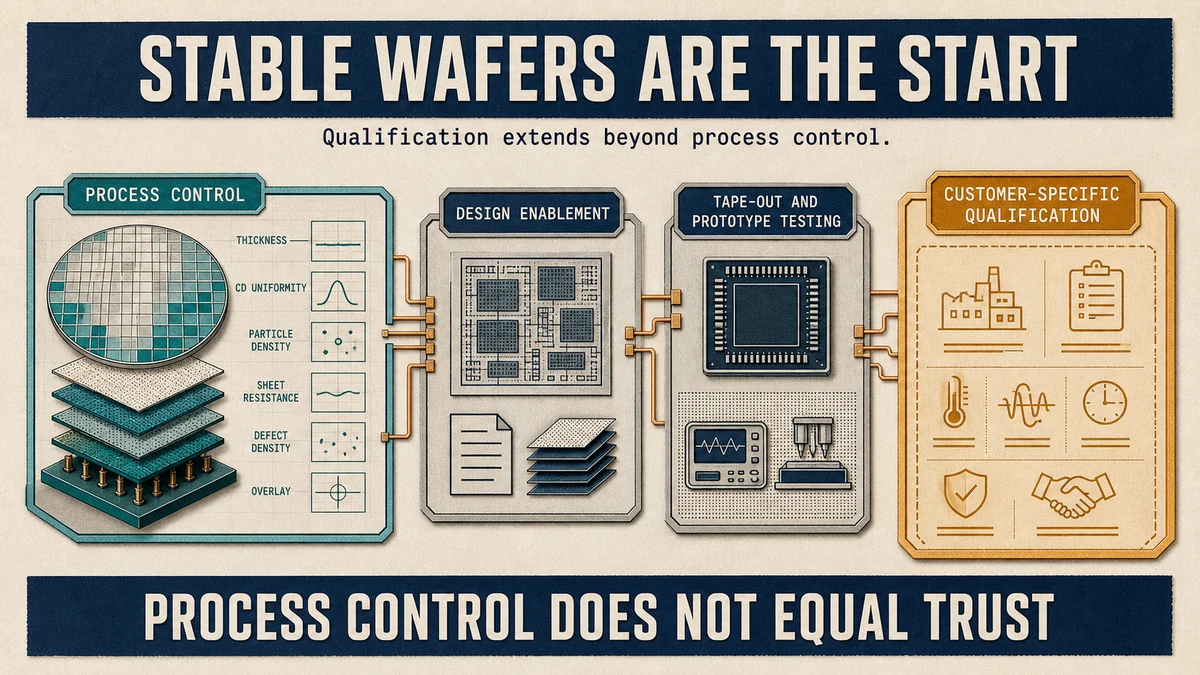 Engineering inset diagram showing a stable wafer process feeding design enablement and prototype testing before an amber customer-specific qualification boundary.