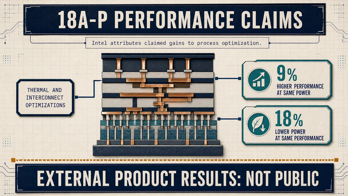 Top-to-bottom engineering diagram of an abstract 18A-P thermal and interconnect path leading to Intel's claimed performance and power improvements, ending at an external-product evidence boundary.