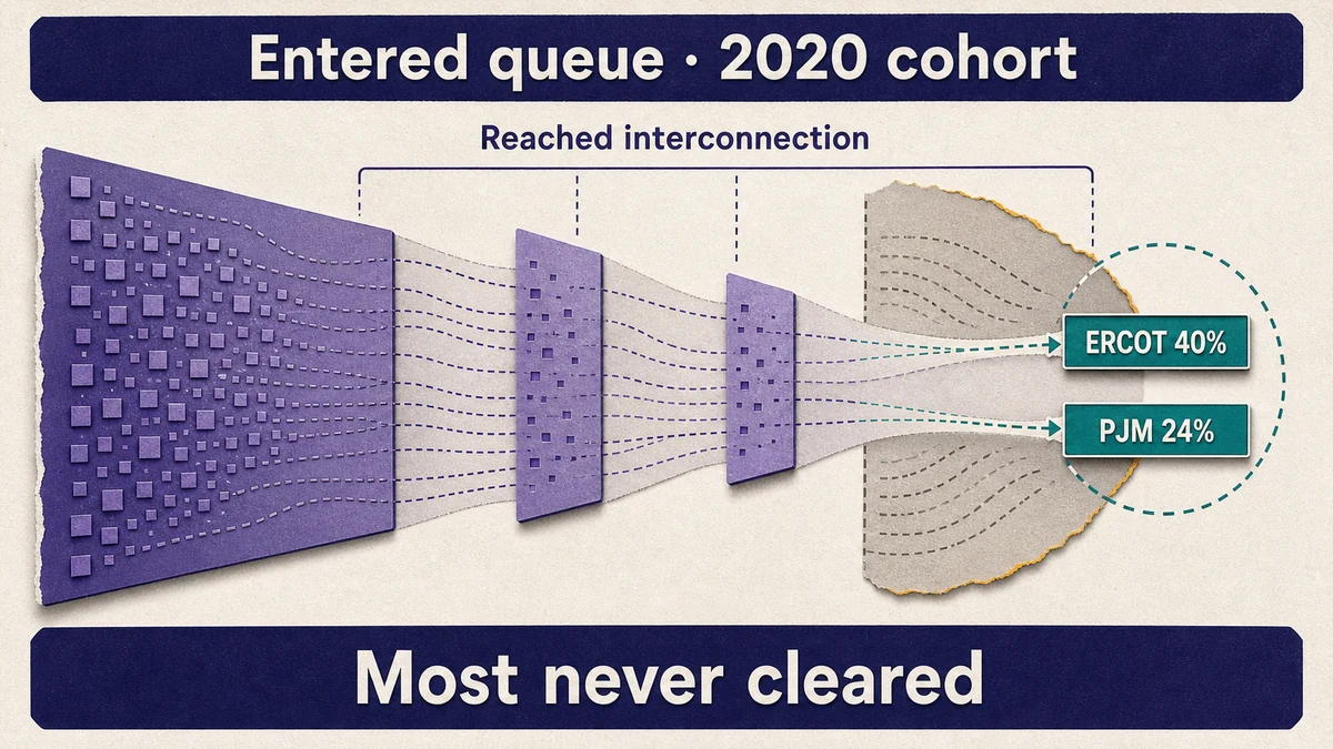 A narrowing funnel from a full 2020 queue cohort down to 40% surviving in ERCOT and 24% in PJM reaching interconnection.