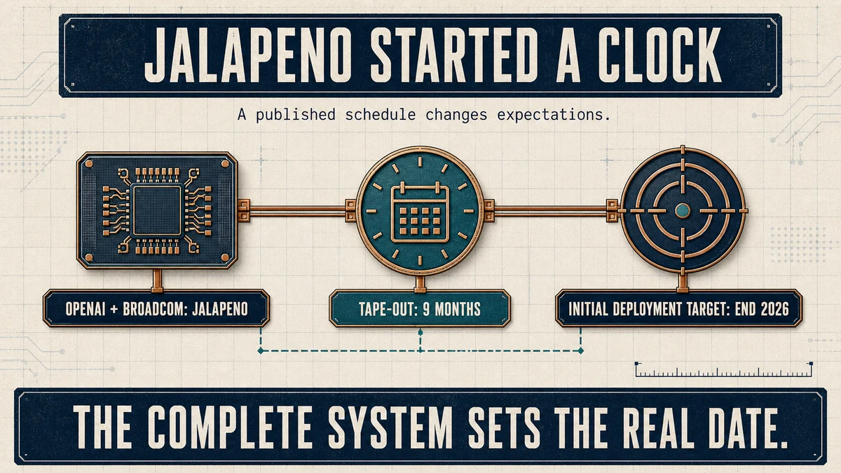 Horizontal technical timeline for OpenAI and Broadcom Jalapeno showing nine months to tape-out and an initial deployment target by the end of 2026.
