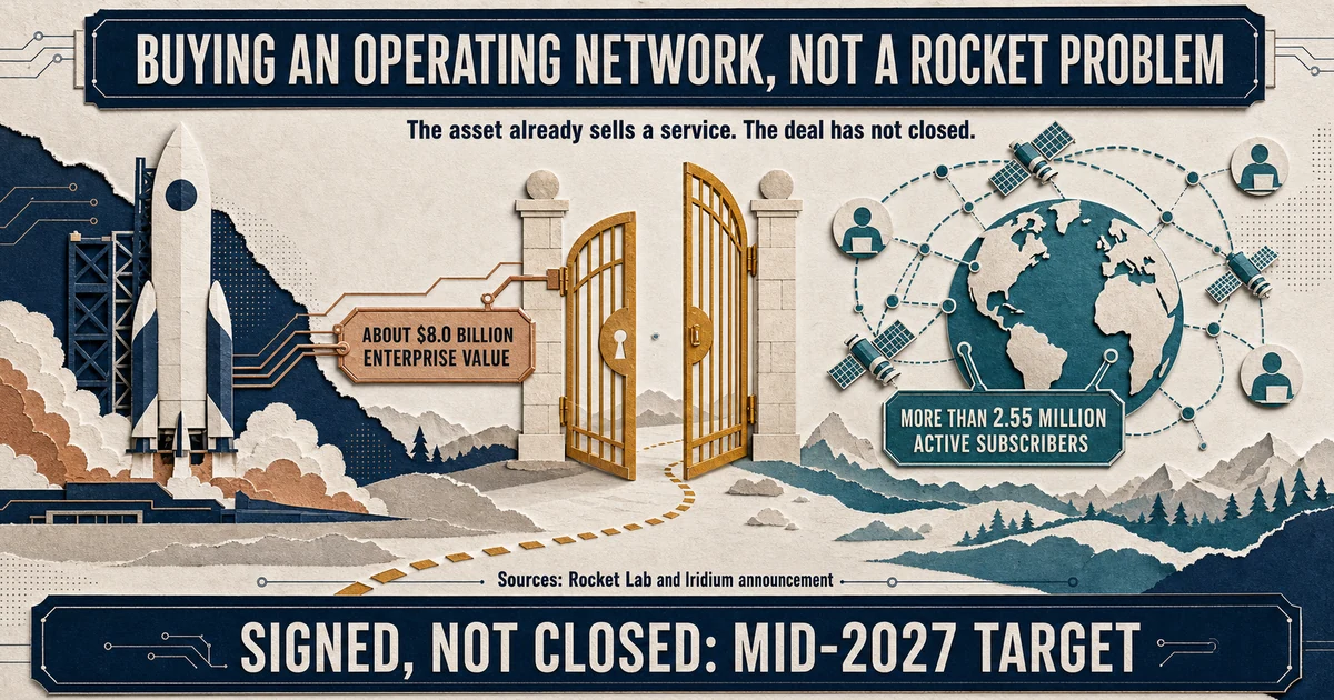 An evidence-led diagram showing that Rocket Lab proposes to acquire an operating satellite network rather than merely add launch capacity.