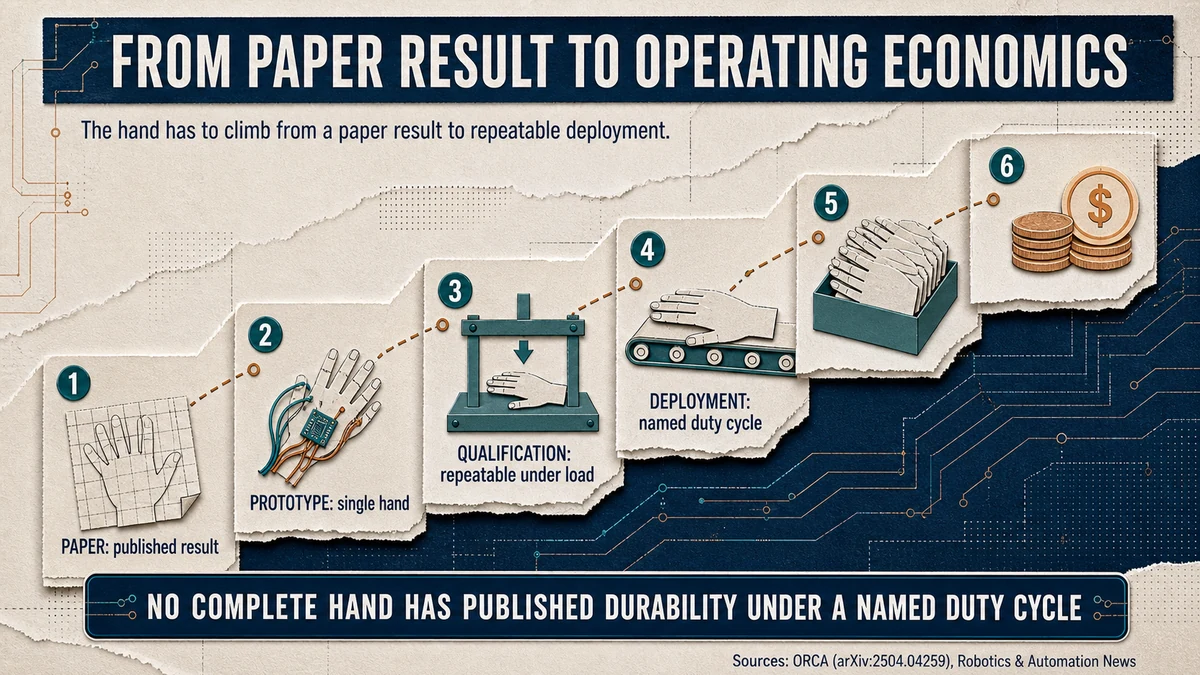 Six rising stages for a humanoid hand: published paper result, single prototype, repeatable qualification under load, deployment on a named duty cycle, volume build, operating economics.