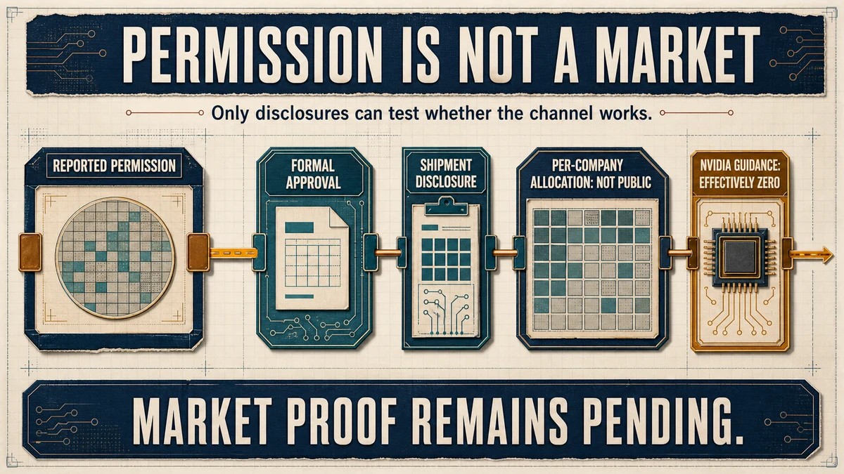 Technical validation timeline from reported permission through formal approval, shipment disclosure, per-company allocation not public, and Nvidia guidance effectively zero.