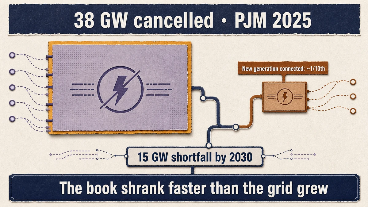 A large 38 GW cancelled block beside a far smaller new-generation-connected block, with a 15 GW-by-2030 shortfall marker below.