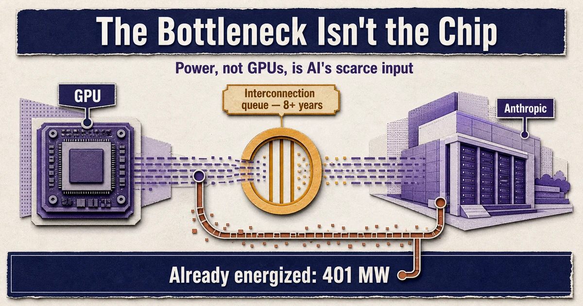 Diagram: a GPU node routes toward a data hall but is blocked by an amber multi-year interconnection gate, while a copper route from an already-energized 401 MW site bypasses it.