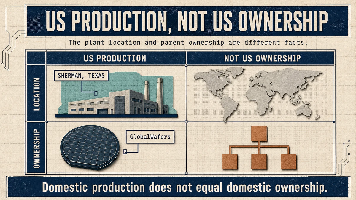 Matrix diagram distinguishing GlobalWafers production at Sherman, Texas from the separate fact of non-US ownership.