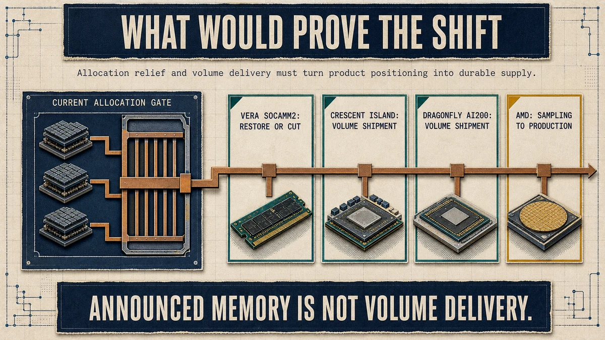 Validation process diagram showing a low-power DRAM allocation gate followed by tests for Vera configuration relief, Crescent Island shipment, Dragonfly AI200 shipment, and AMD production progress.