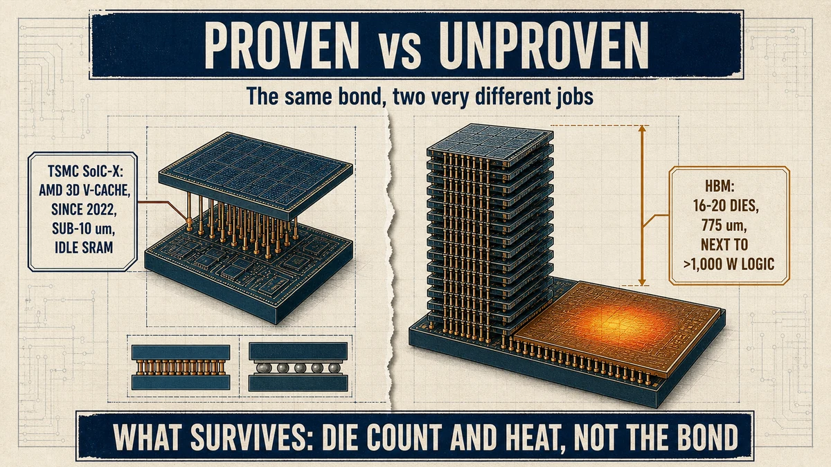 Proven-versus-unproven boundary diagram: left, TSMC hybrid bonding for AMD 3D V-Cache since 2022 at sub-10 micron beside idle cache; right, the same joint unproven across 16 to 20 HBM dies within 775 micrometers next to a 1,000-plus-watt logic die.