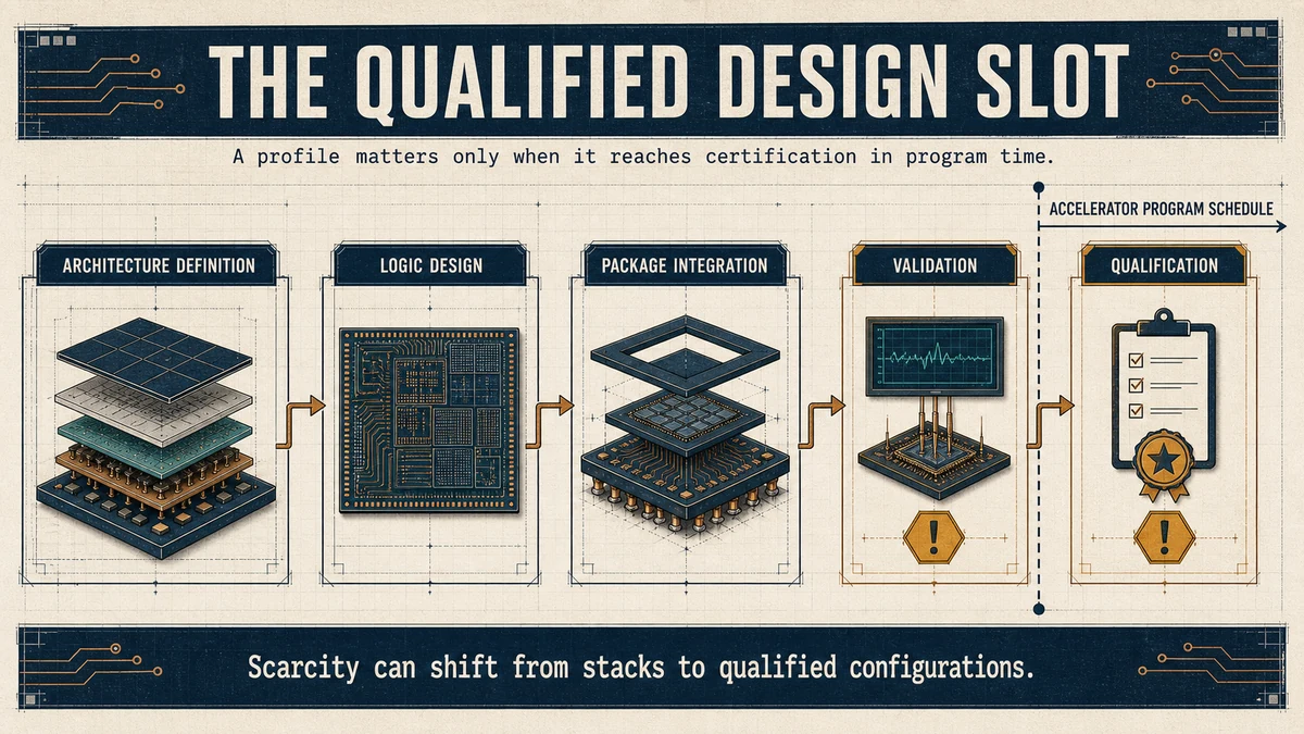 Engineering timeline from architecture definition through logic design, package integration, validation, and qualification, ending at an accelerator program schedule boundary.