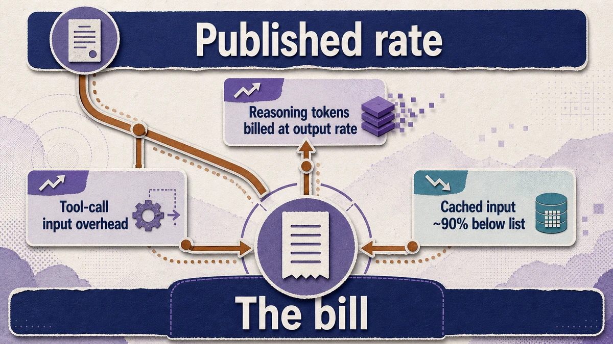 Radial diagram: a central 'the bill' node fed by 'published rate', surrounded by three routed effects — reasoning tokens billed at output rate and tool-call input overhead pushing up, cached input about 90% below list pulling down.