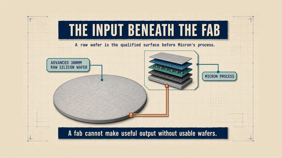 Diagram showing an advanced 300 millimeter raw silicon wafer as the starting surface beneath subsequent Micron process layers.