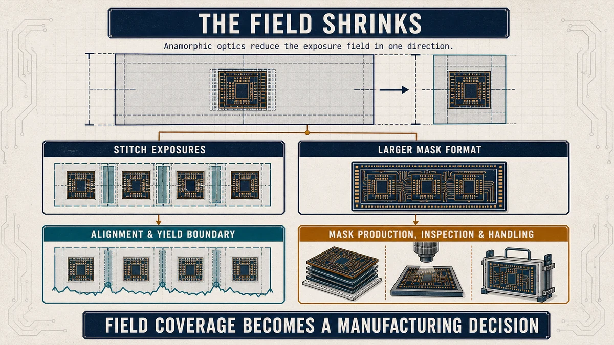 Engineering matrix comparing stitched exposures with a larger mask format after High-NA reduces the exposure field in one direction.