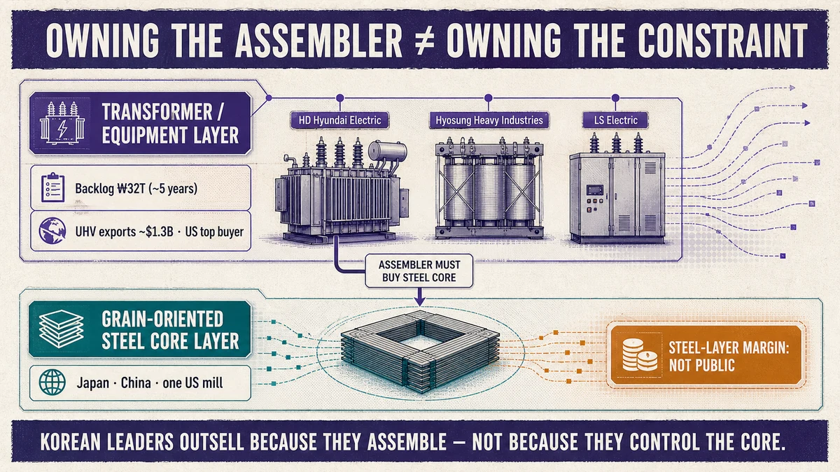 Two stacked bands: an upper transformer-assembly layer with Korean makers, a ₩32T backlog and ~$1.3B exports, over a lower steel-core layer marked where margin concentrates but not public.