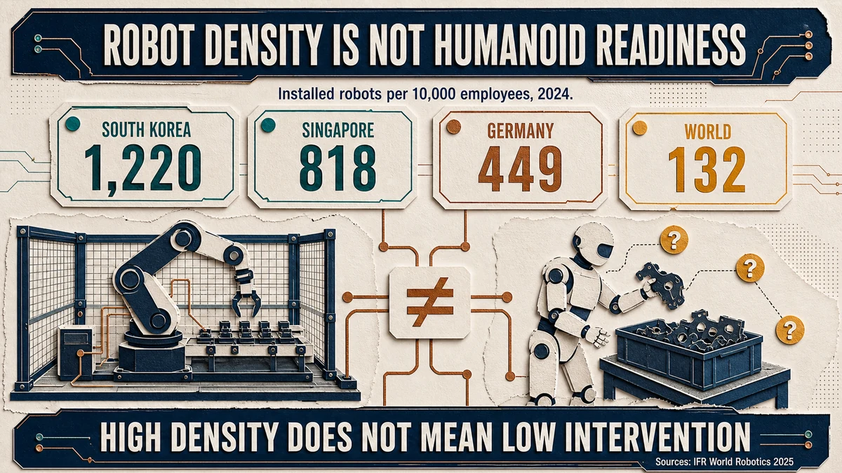 Paper-cut comparison of robot density in South Korea, Singapore, Germany and worldwide, contrasting fixed robot cells with flexible humanoid tasks.