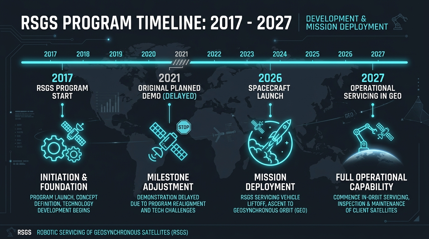 RSGS Program Timeline (2017-2027): 2017 Start, 2021 Milestone Delay, 2026 Launch, 2027 GEO Operations.