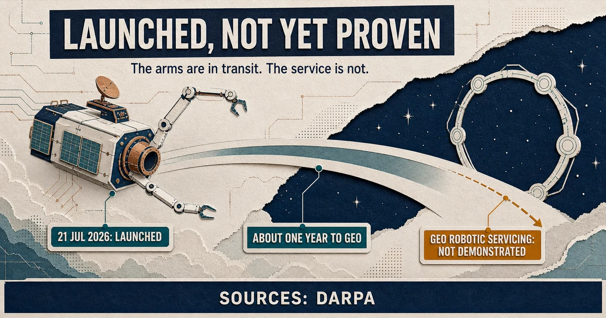 An evidence-led diagram showing the delay between launch and demonstrated robotic servicing in geostationary orbit.