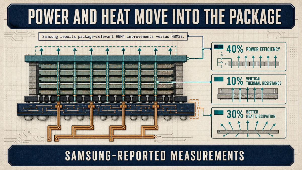 Technical package diagram of an HBM4 stack with copper power paths and heat paths, labeled with Samsung-reported improvements versus HBM3E.